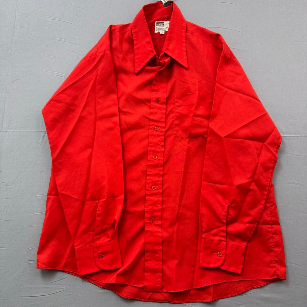 Vintage Montgomery Ward Red Disco Shirt Dagger Collar 70s Polyester Men 17 32-33